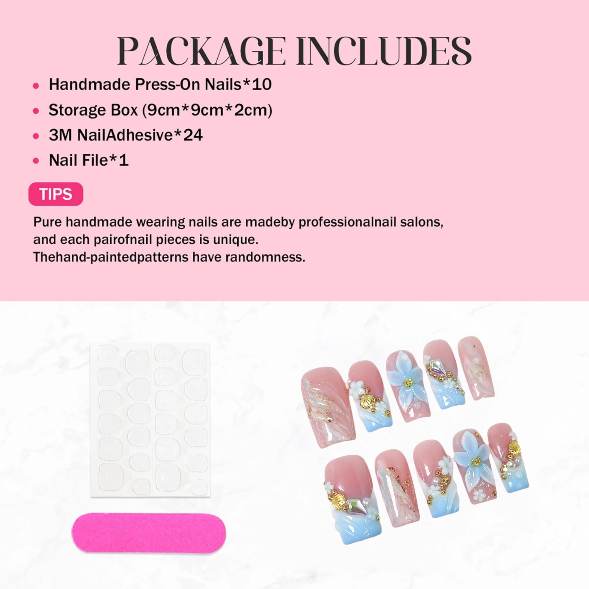 Qicaijia 10Pcs Handmade Press-On Nails – Medium Square, 3D Flower Art, Light Blue French Tips