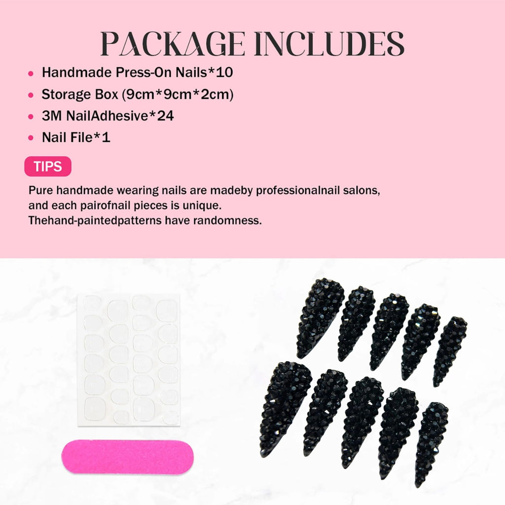 Qicaijia Almond Press On Nails – Long Black Rhinestones, Luxury Full Cover 3D Nail Art (10 Pcs, Size M)