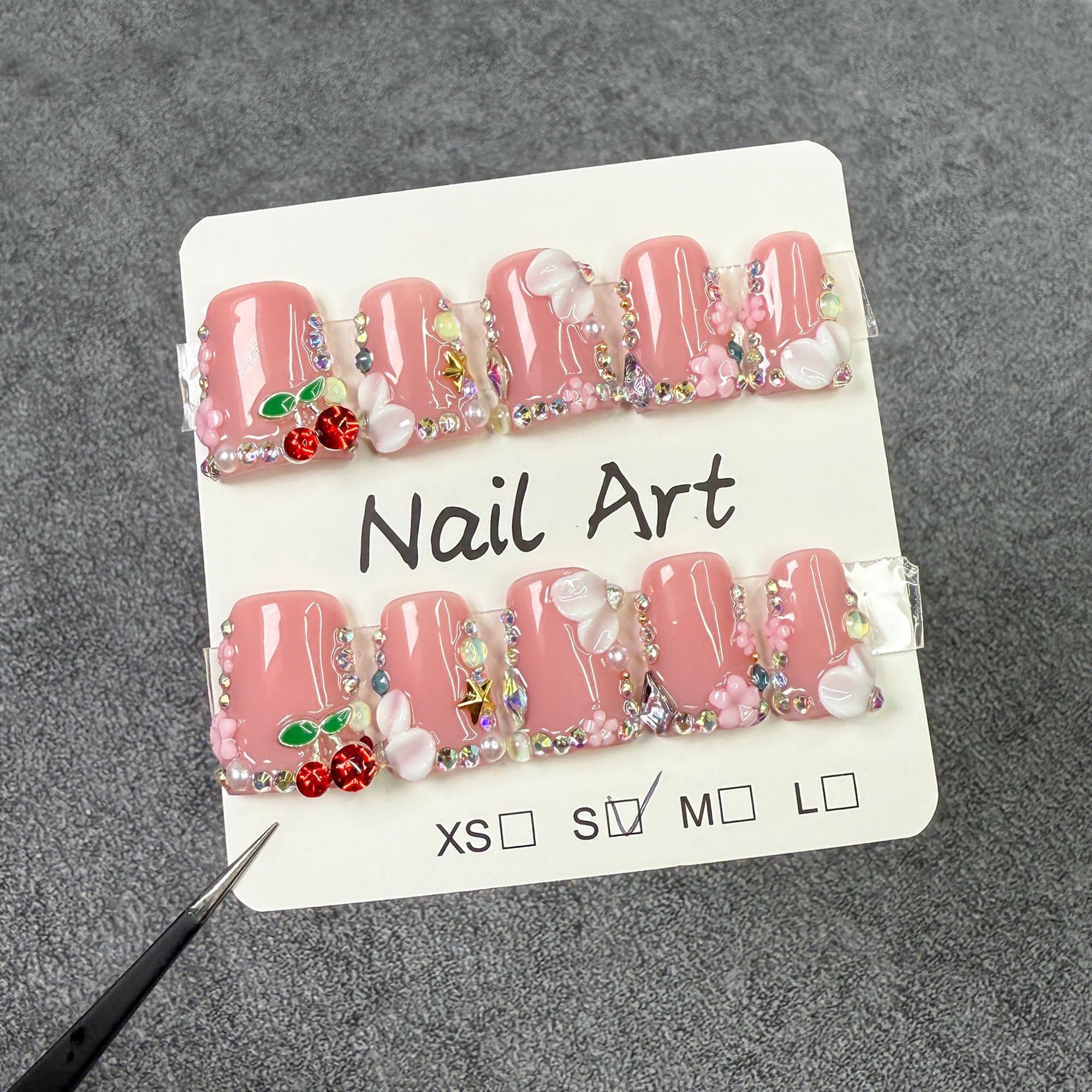 Qicaijia Pink Handmade Duck Nail Set – 10Pcs Press-On Nails with Glue and Sparkling Tips