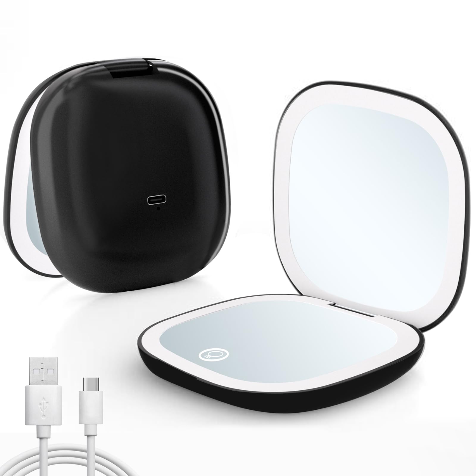 Qidoe Compact Travel Makeup Mirror – 1x/10x Magnification, Dimmable USB-C Rechargeable