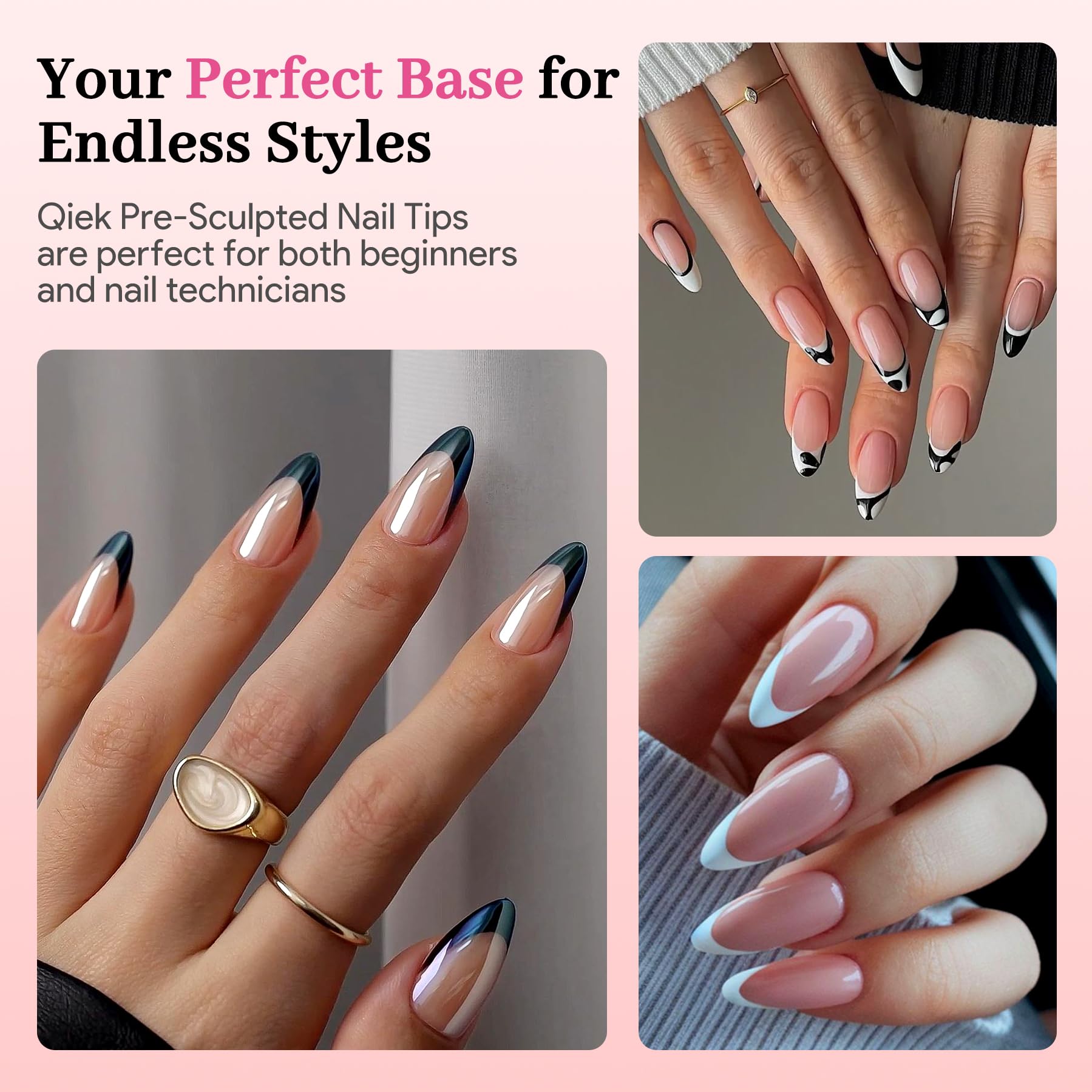 QIEK Medium Almond Pre-Building Nail Tips Kit | 240 Pcs, 15 Sizes, UV Lamp, Glue Gel