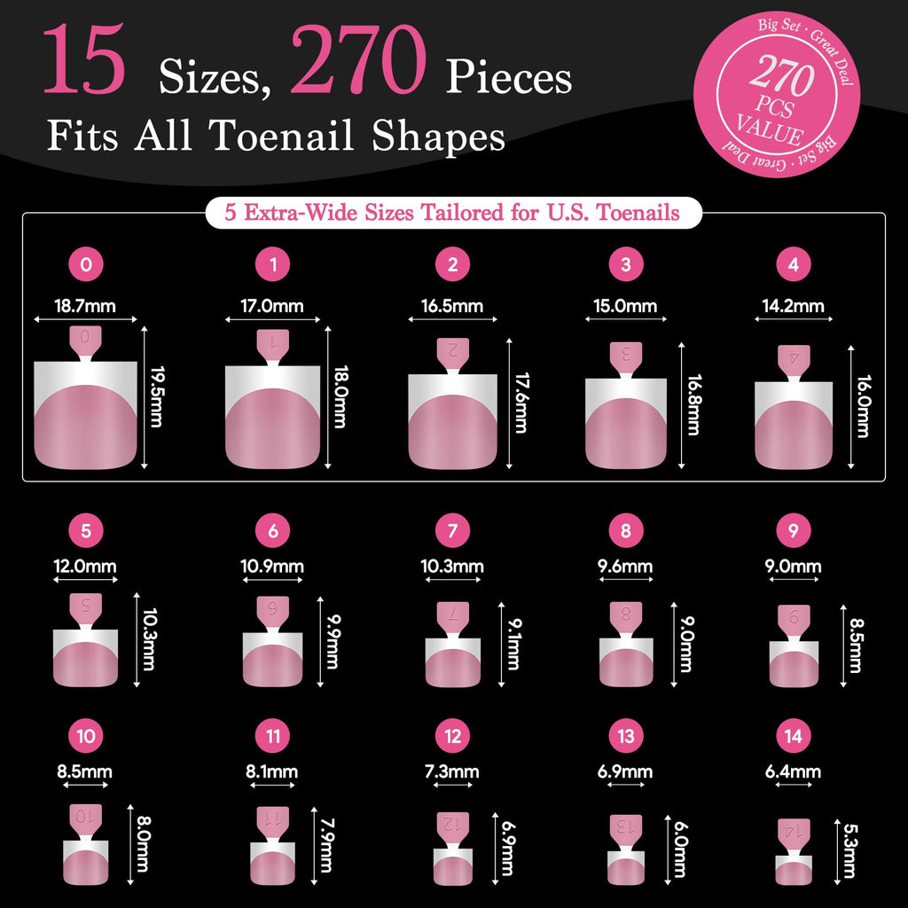 QIEK Toe Nail Press Ons French Tip Berry Pink – 270 Pcs, 15 Sizes, DIY Salon-Quality Pedicure