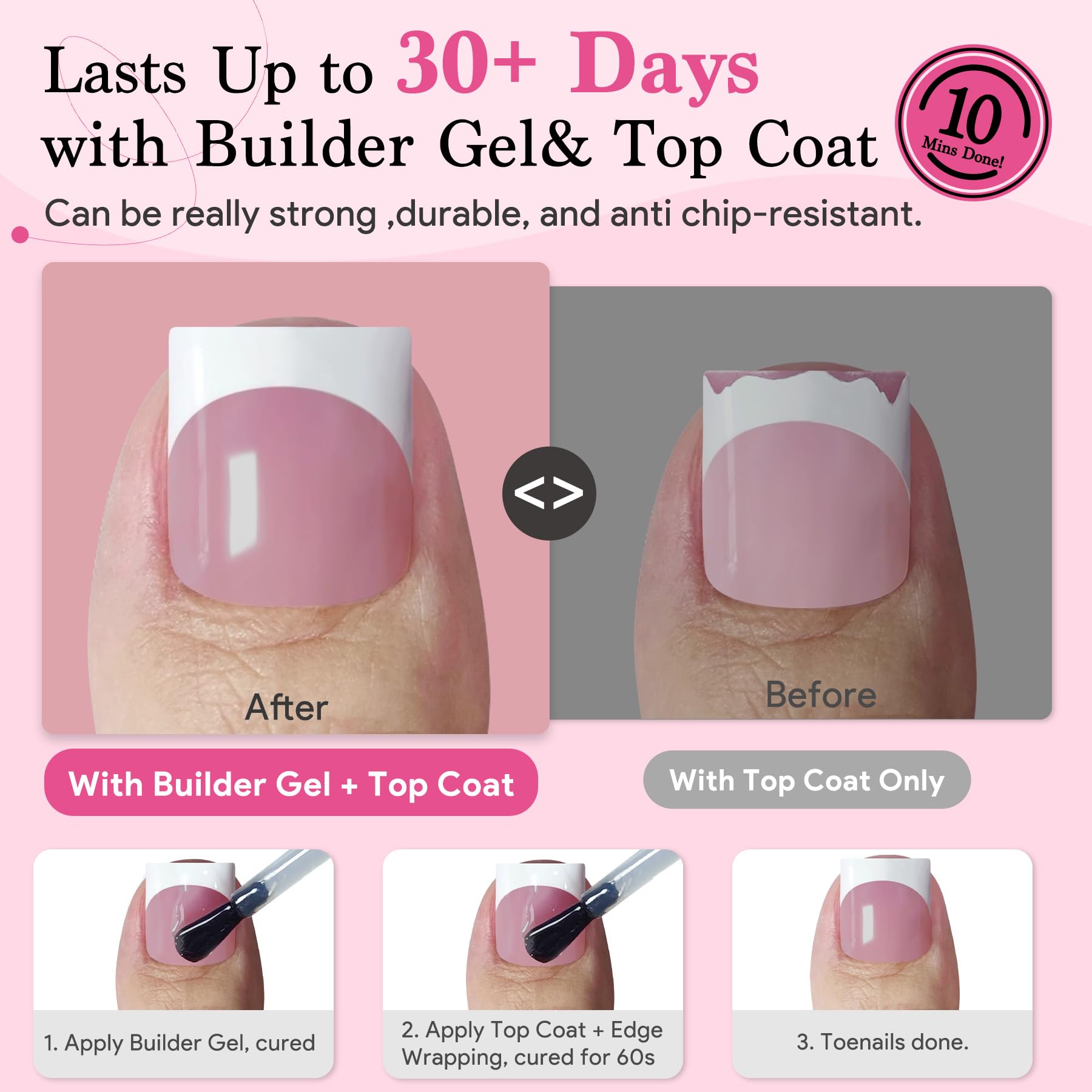 QIEK Toe Nail Press Ons French Tip Berry Pink – 270 Pcs, 15 Sizes, DIY Salon-Quality Pedicure