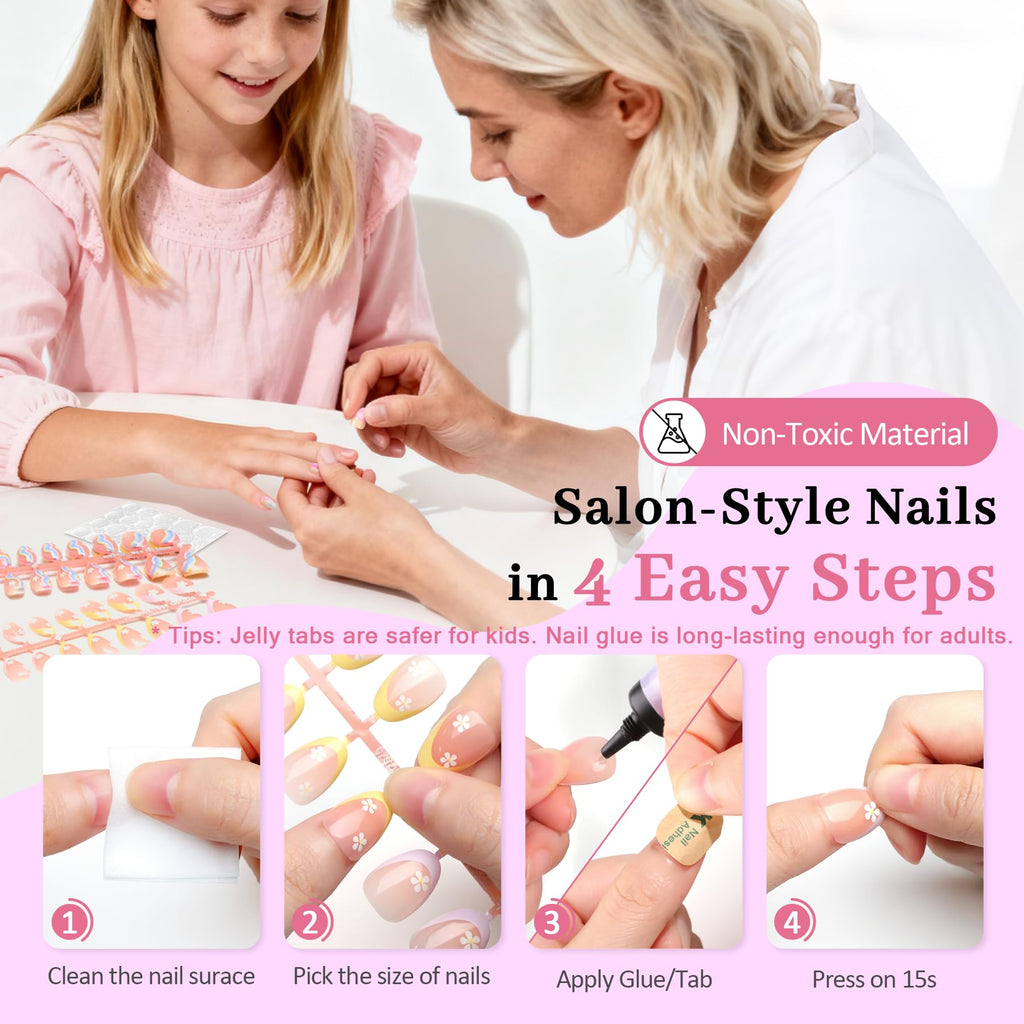 QIEK Kids Press-On Nails – 128 Pcs, 16 Sizes, Almond Shape, Floral Design, Jelly Tabs & Glue (4-Pack)