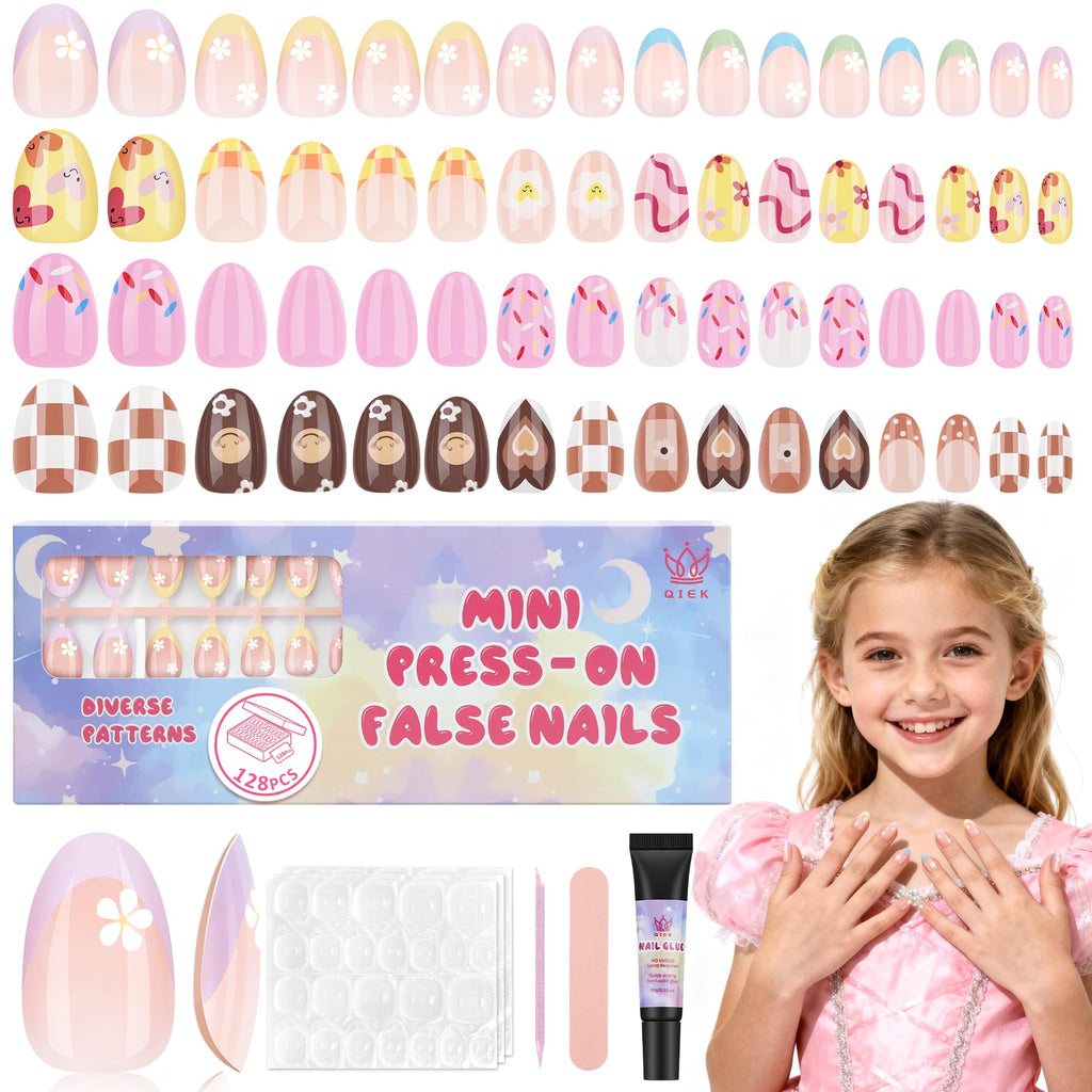 QIEK Kids Press-On Nails Kit — 128 Nails, 16 Sizes, Jelly Tabs + Glue, Floral Almond Tips