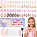 QIEK Kids Press-On Nails Kit — 128 Nails, 16 Sizes, Jelly Tabs + Glue, Floral Almond Tips