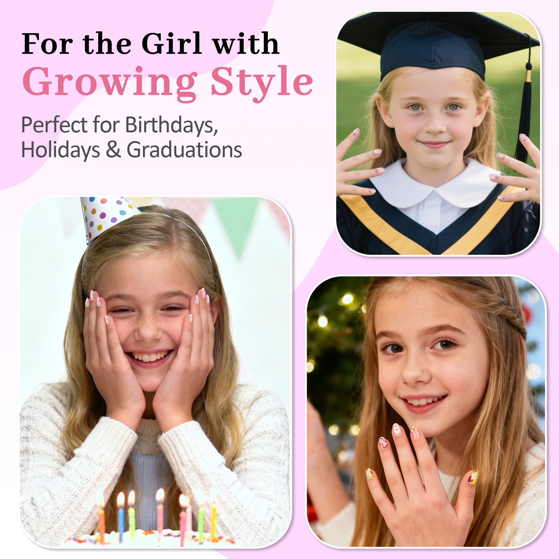 QIEK Kids Press-On Nails – 128 Pcs, 16 Sizes, Almond Shape, Floral Design, Jelly Tabs & Glue (4-Pack)