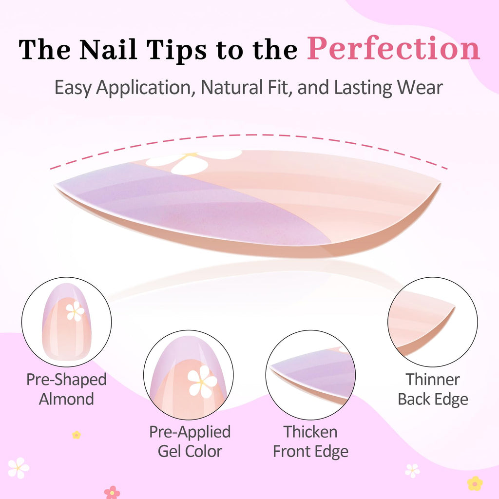 QIEK Kids Press-On Nails Kit — 128 Nails, 16 Sizes, Jelly Tabs + Glue, Floral Almond Tips