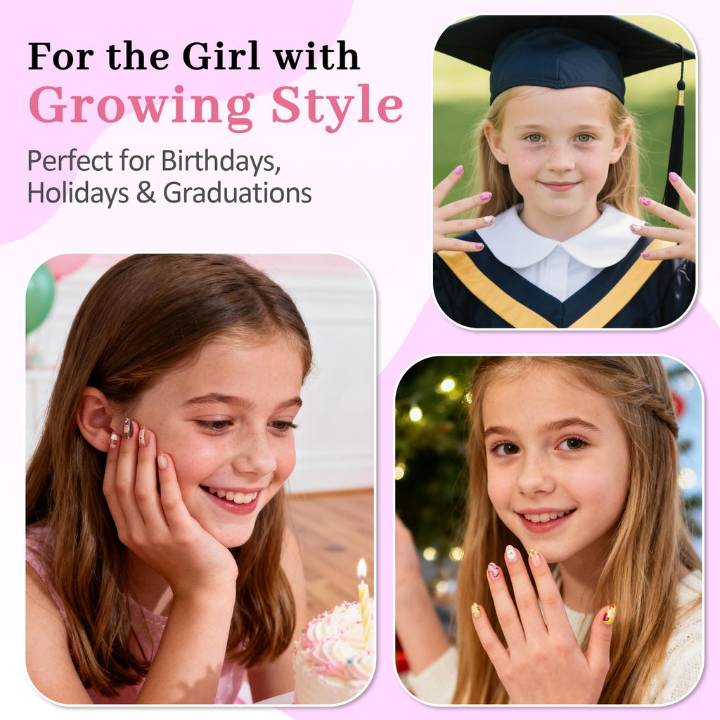 QIEK Kids Press-On Nails Kit — 128 Nails, 16 Sizes, Jelly Tabs + Glue, Floral Almond Tips