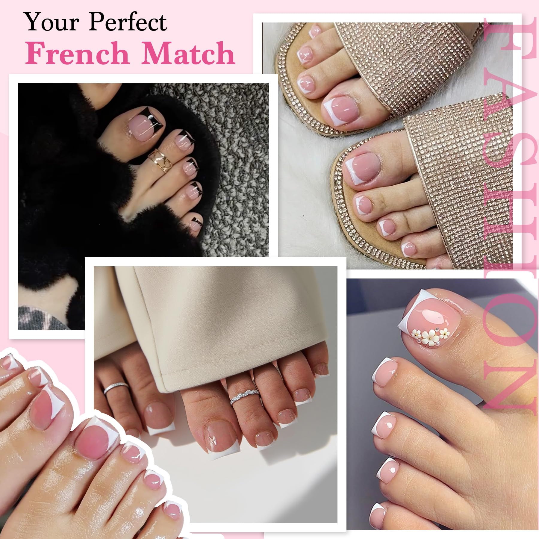QIEK Toe Nail Press Ons French Tip Berry Pink – 270 Pcs, 15 Sizes, DIY Salon-Quality Pedicure