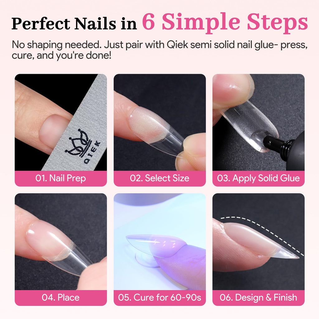 QIEK Medium Almond Pre-Building Nail Tips Kit | 240 Pcs, 15 Sizes, UV Lamp, Glue Gel