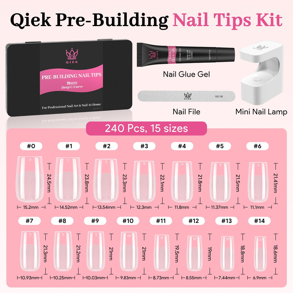 QIEK Nail Tips Kit – Medium Square Pre-Built Apex, 240 Pcs, 15 Sizes