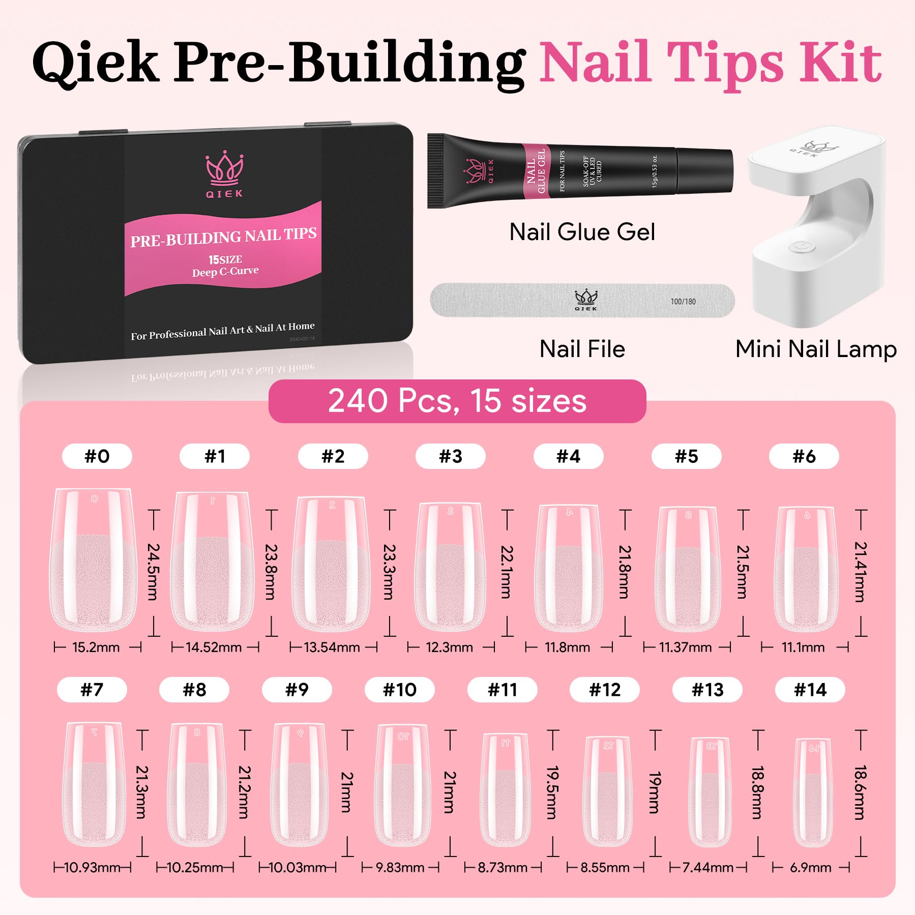 QIEK Nail Tips Kit – Medium Square Pre-Built Apex, 240 Pcs, 15 Sizes