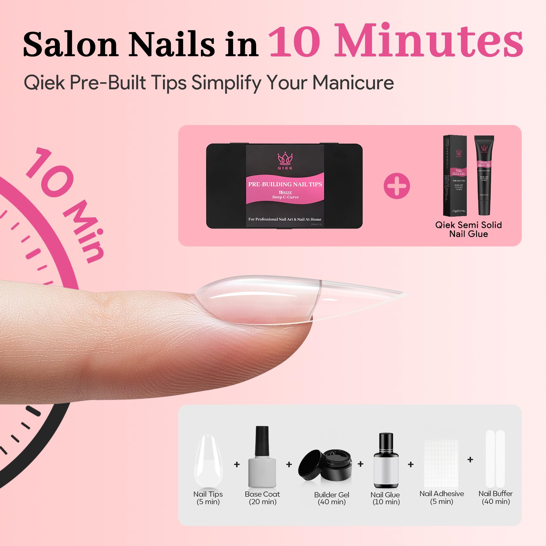 QIEK Medium Almond Pre-Building Nail Tips Kit | 240 Pcs, 15 Sizes, UV Lamp, Glue Gel