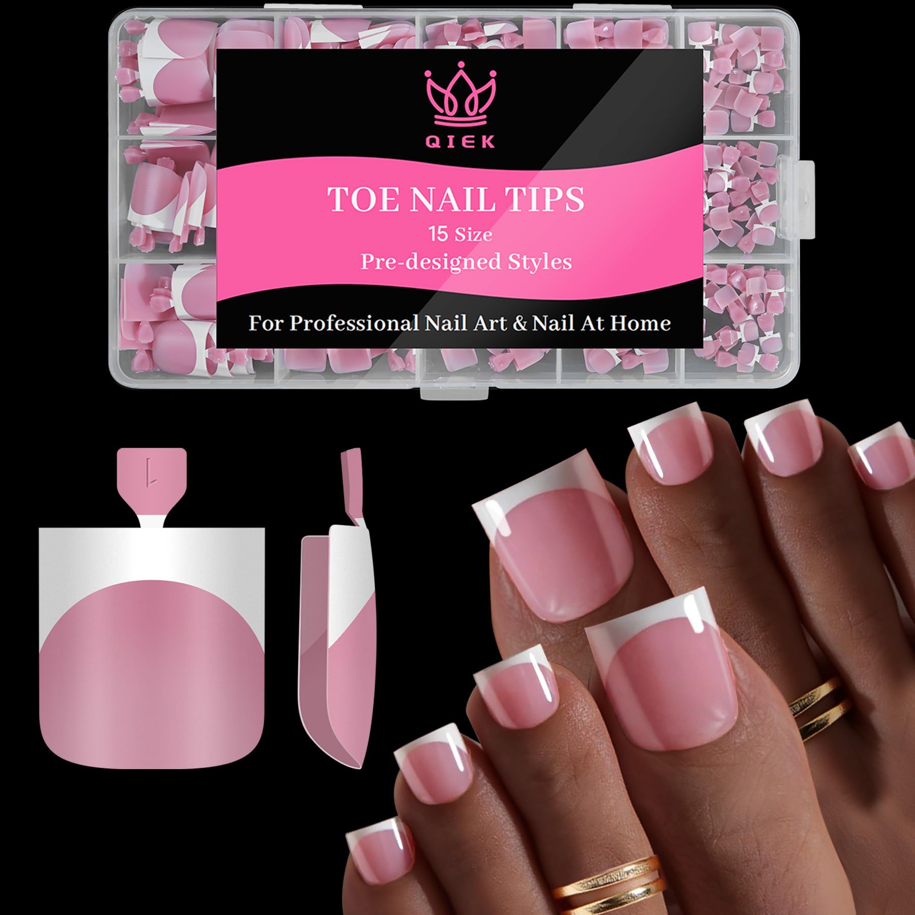 QIEK Toe Nail Press Ons French Tip Berry Pink – 270 Pcs, 15 Sizes, DIY Salon-Quality Pedicure