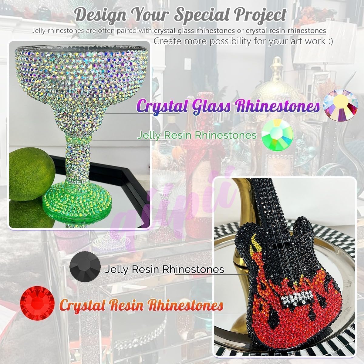 Qiipii 24-Color Jelly Resin Rhinestones (6mm) with B7000 Glue