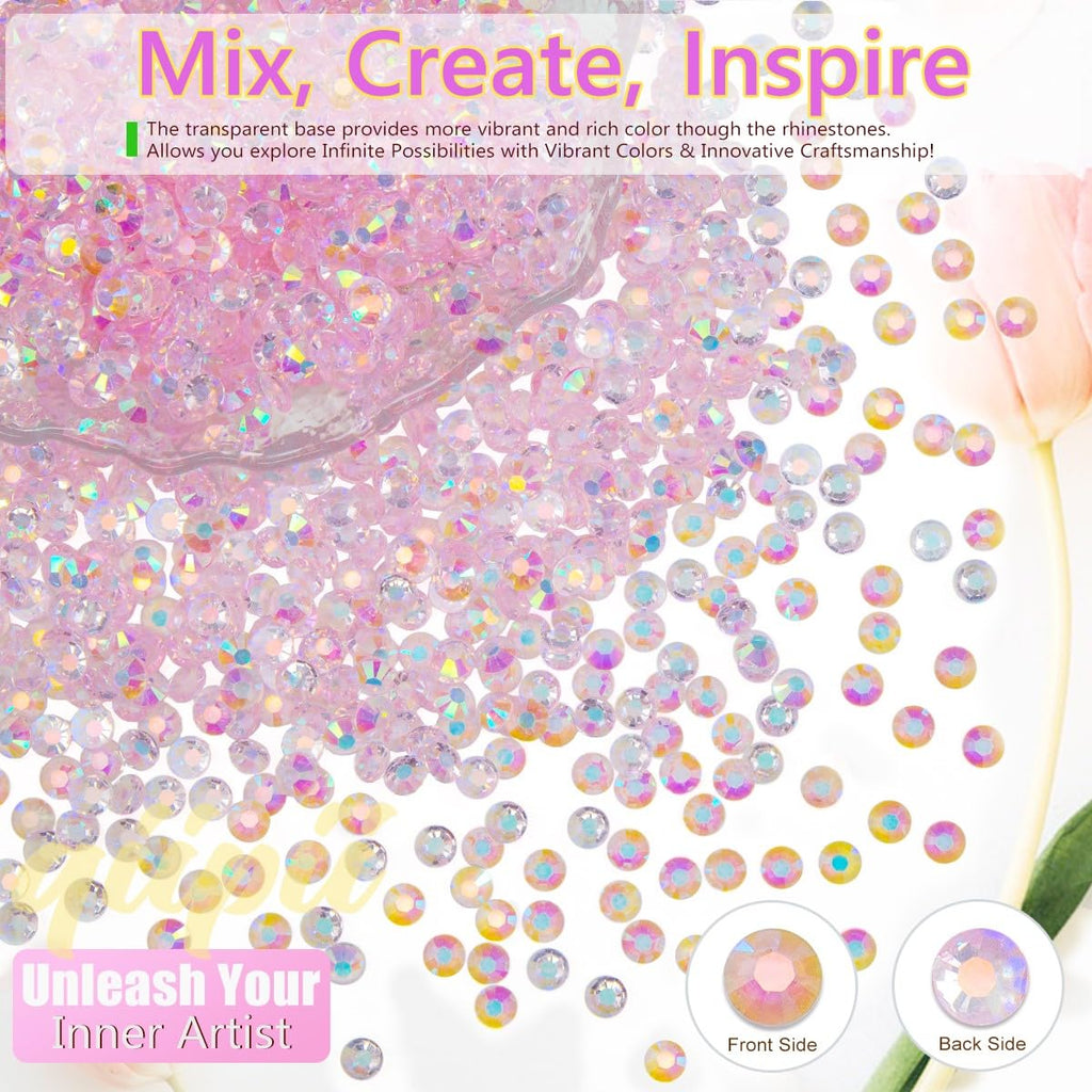 qiipii 16000Pcs Transparent Light Pink AB Resin Rhinestones – 3mm, 4mm & 5mm Flatback Jelly Stones for Nails, Tumblers & Crafts