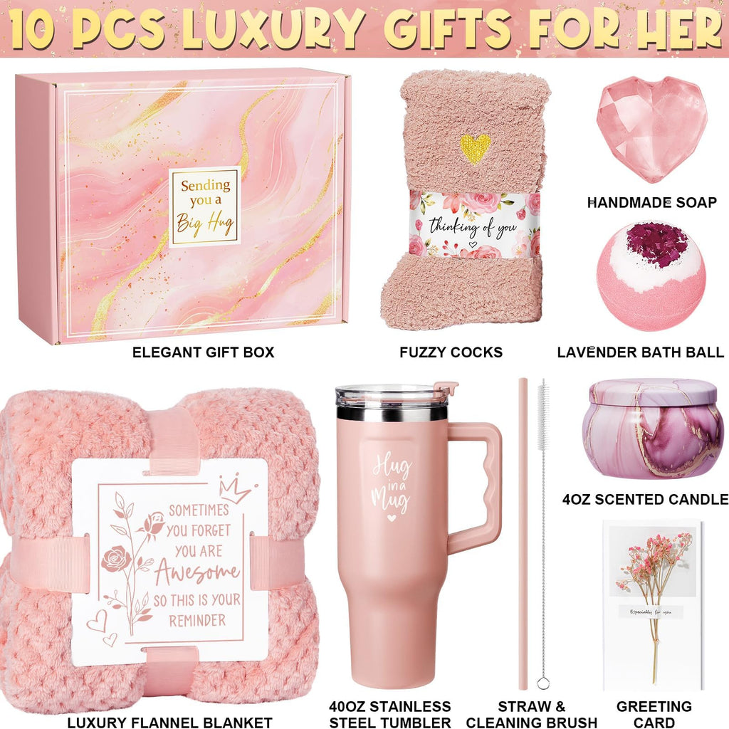 Qinline Birthday Gifts for Women – Spa Kit, Get Well Soon Gift Basket, Rose Relaxation Set with 40 oz Tumbler