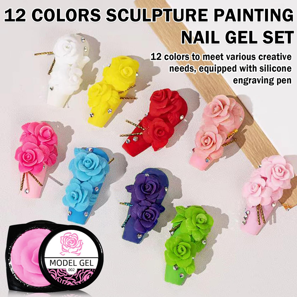 QIUFSSE 3D Nail Gel Sculpting Gel – 12 Colors & Carved Painting Pen Nail Art Kit (Soak Off UV/LED)
