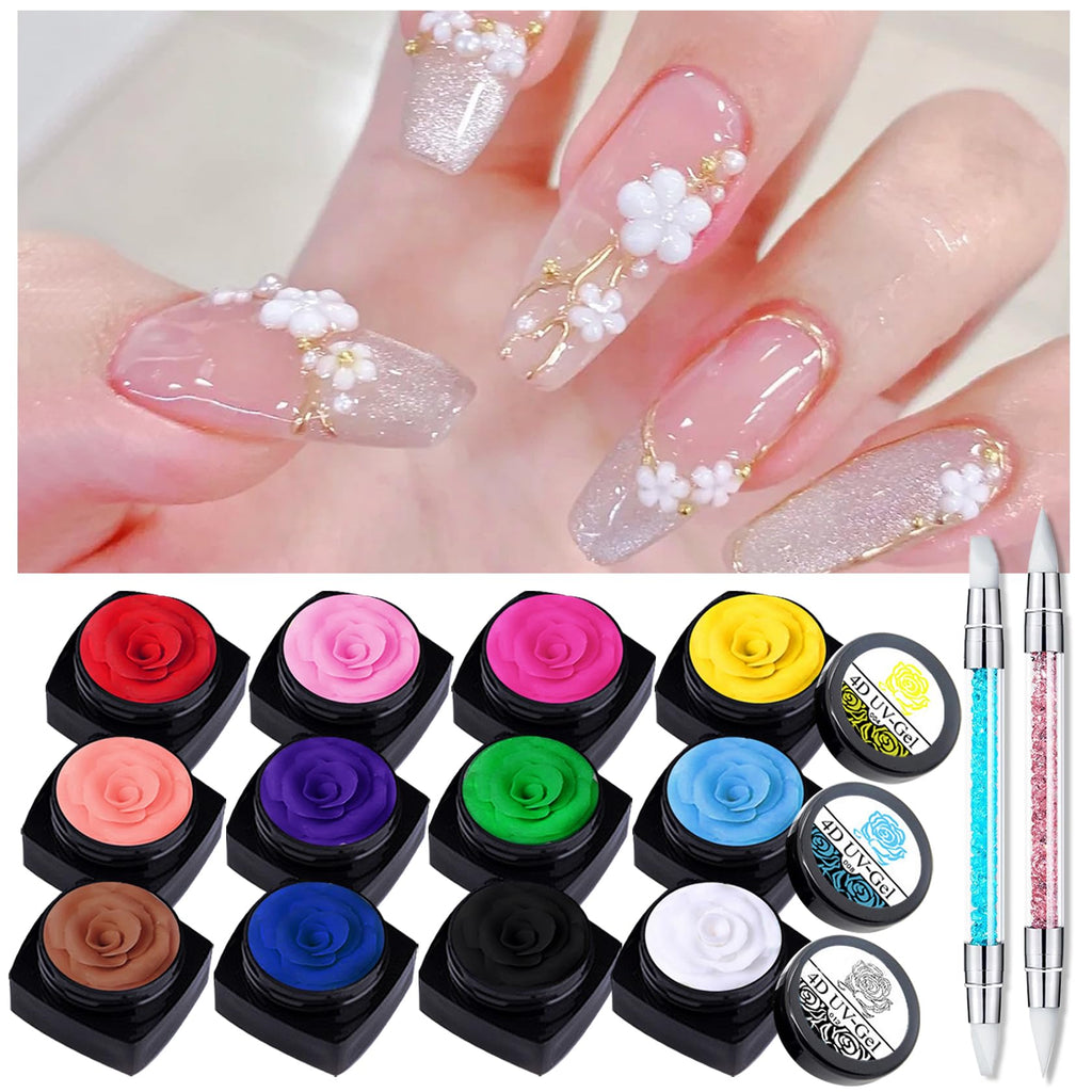 QIUFSSE 3D Nail Gel Sculpting Gel – 12 Colors & Carved Painting Pen Nail Art Kit (Soak Off UV/LED)