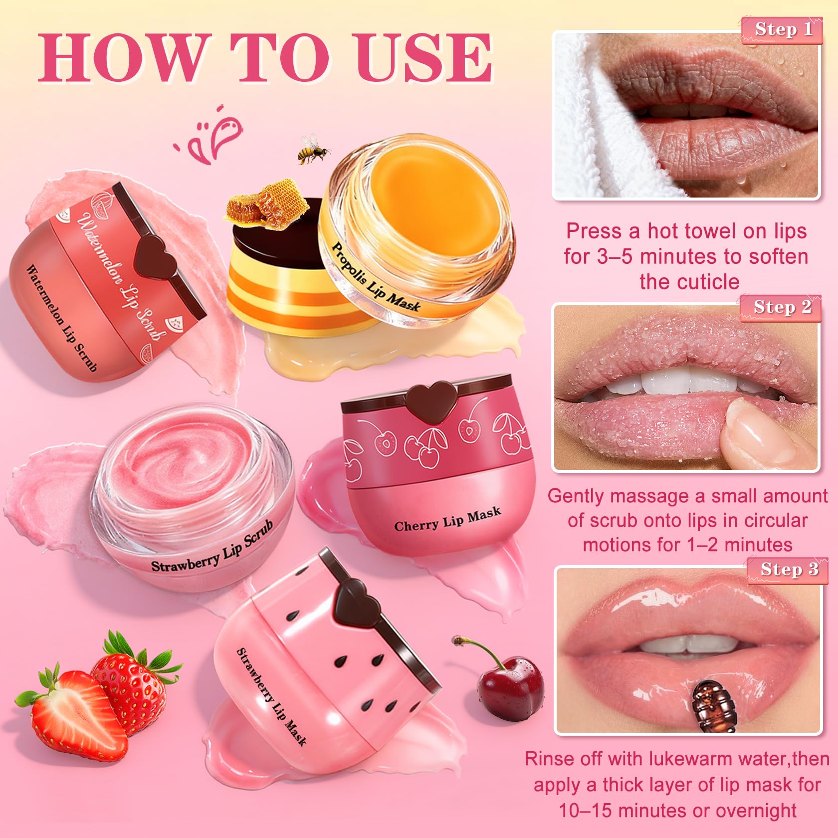 QIUFSSE Lip Scrub & Mask Set – Strawberry, Cherry & Honey Masks + Exfoliator Scrubs | Cruelty-Free