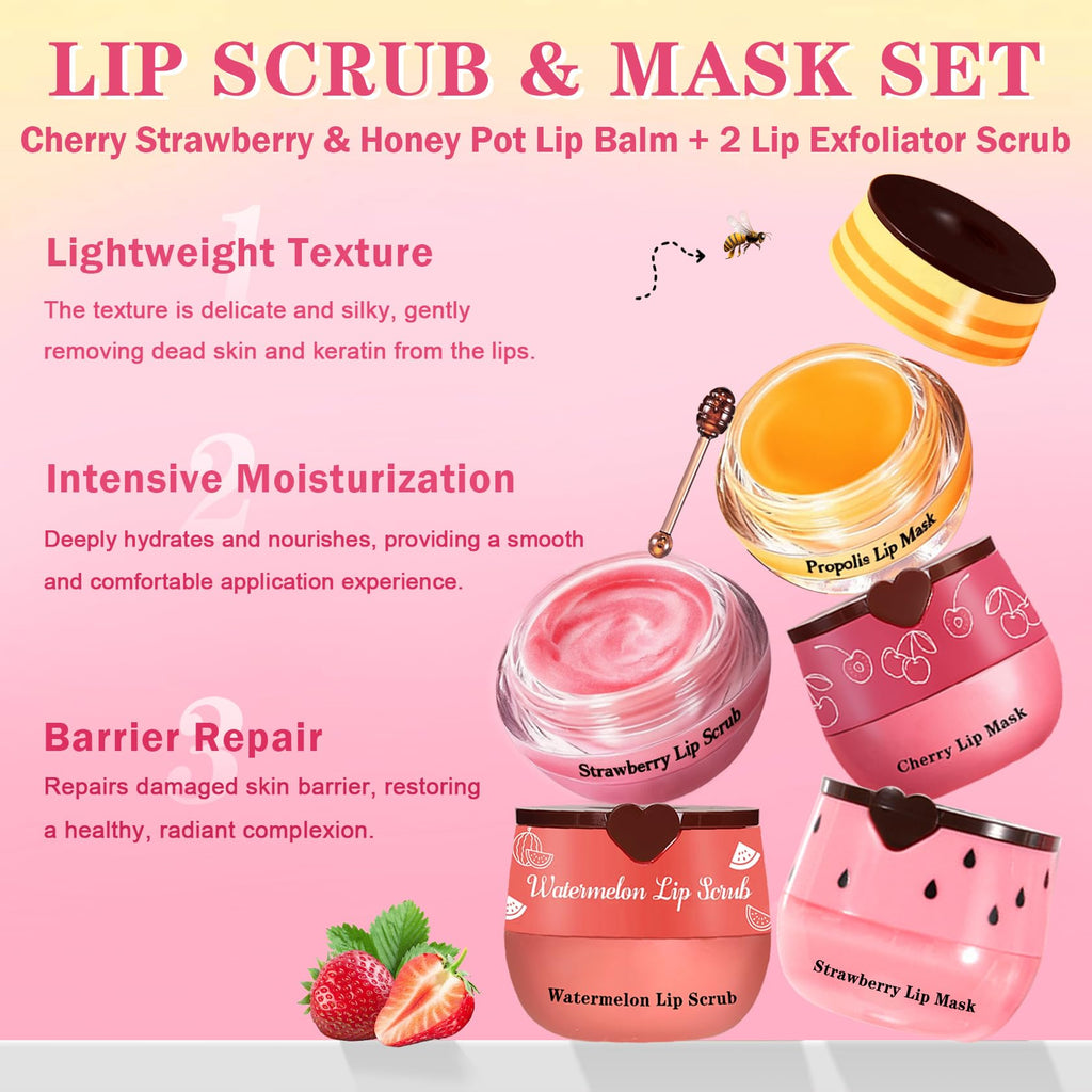 QIUFSSE Lip Scrub & Mask Set – Strawberry, Cherry & Honey Masks + Exfoliator Scrubs | Cruelty-Free