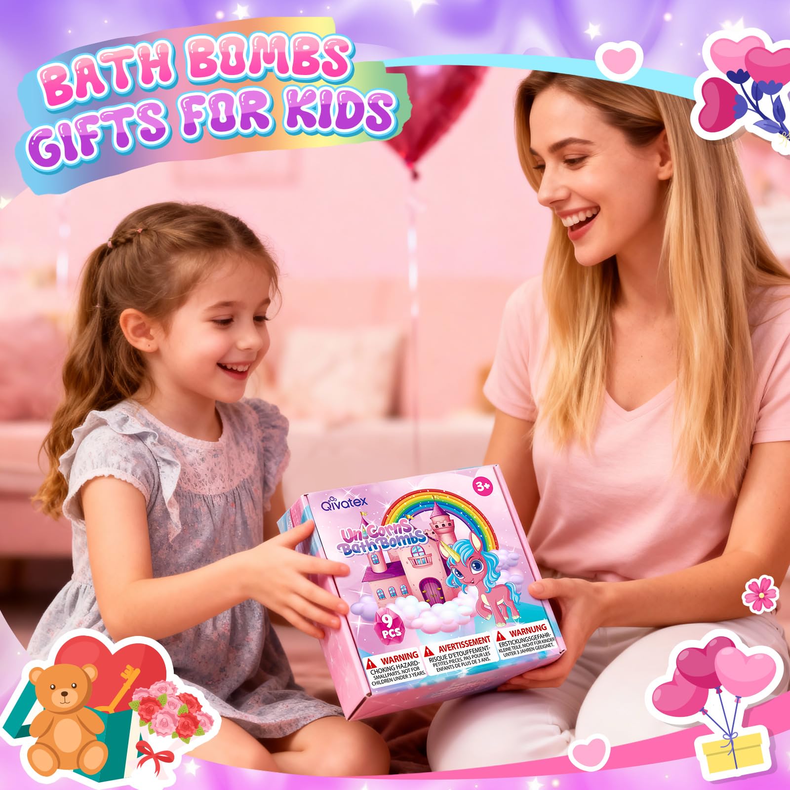 Qivatex Unicorn Bath Bombs for Girls – Natural Organic, Toys Inside, Gift Ideas