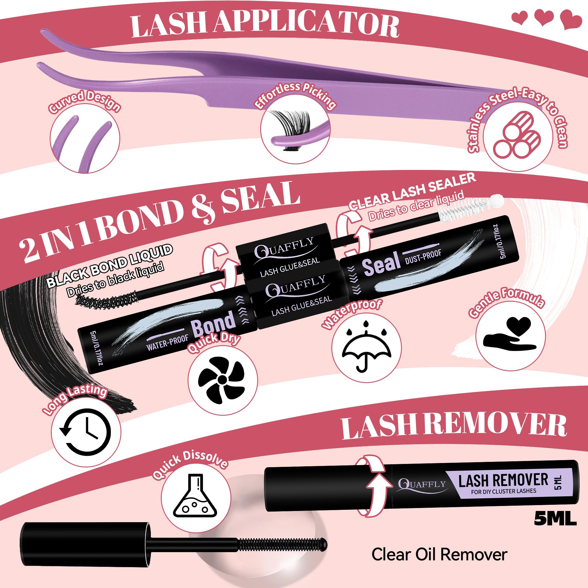 QUAFFLY Valentine's Day Eyelash Gift Set – 8-Style DIY Lash Extension Kit (1896 Pcs, 8–18mm D-Curl)