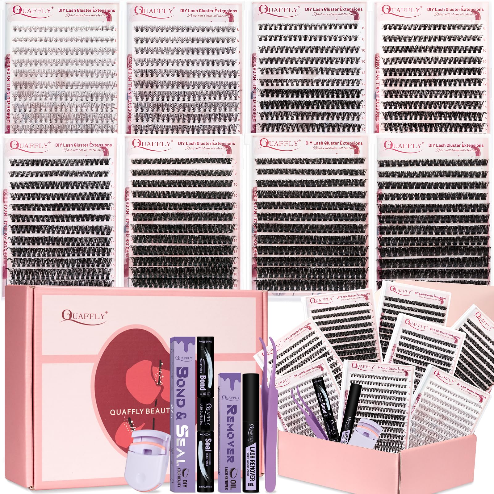QUAFFLY Valentine's Day Eyelash Gift Set – 8-Style DIY Lash Extension Kit (1896 Pcs, 8–18mm D-Curl)