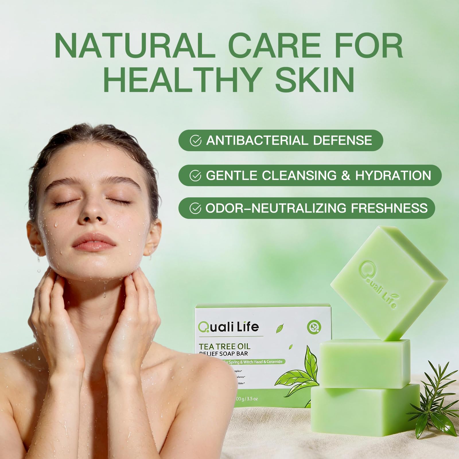 QualiLife Tea Tree Soap Bar for Face & Body – Antifungal, Antibacterial Tea Tree Oil | Pack of 3