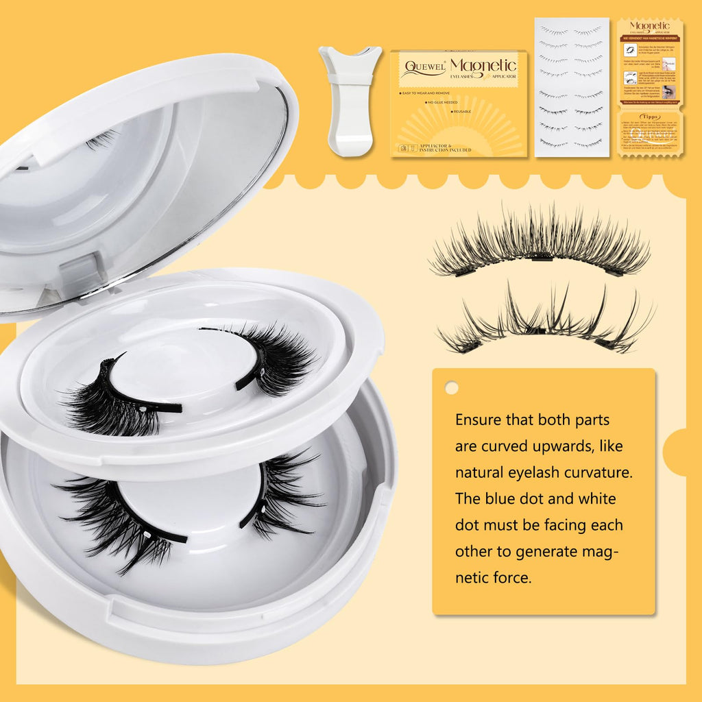 QUEWEL Magnetic Eyelashes 2-Pair Kit with Applicator — No Glue Needed, Reusable Cat-Eye Lashes