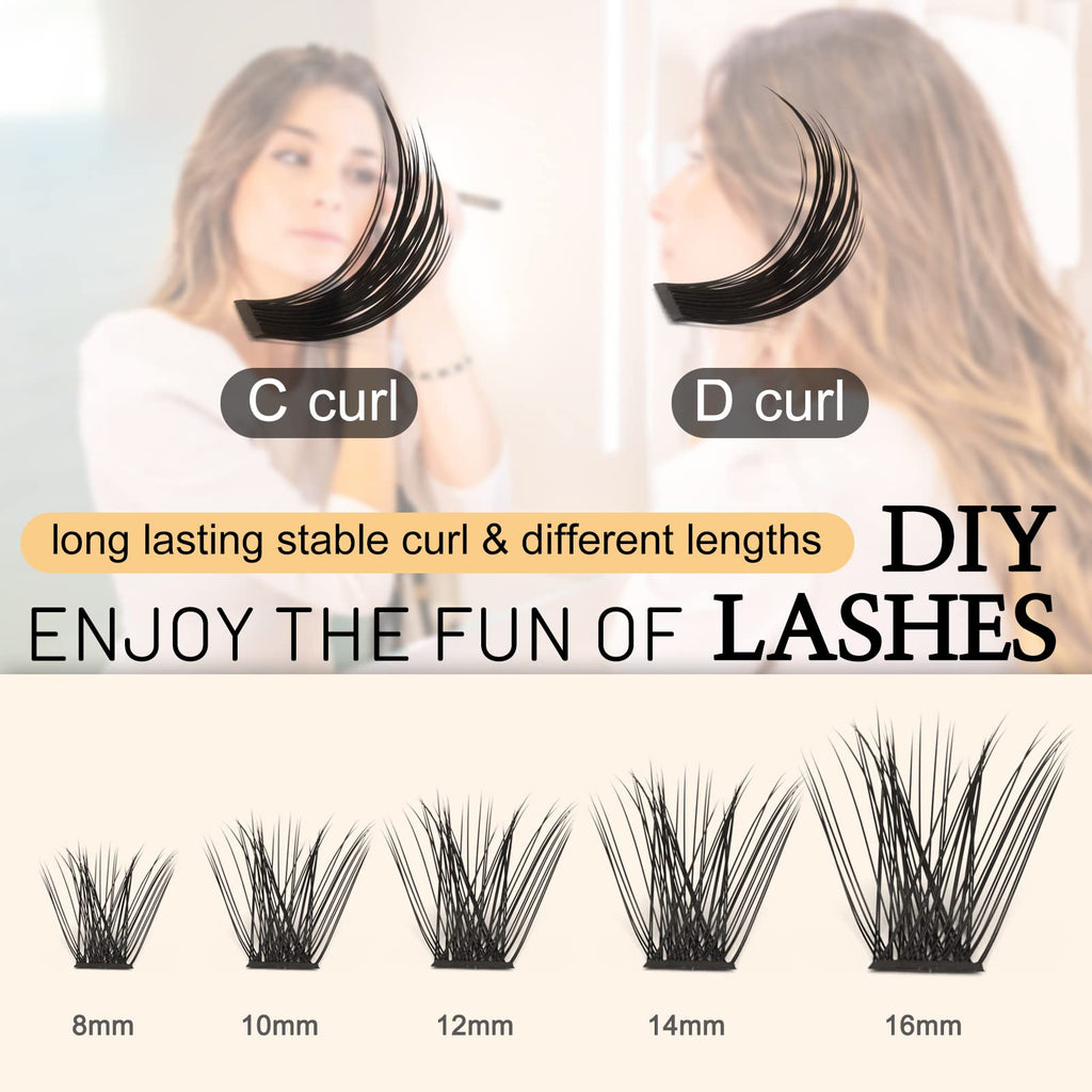 QUEWEL Cluster Lashes 144 Pcs Mega-D-MIX DIY Eyelash Extensions, C/D Curl, 8-16mm