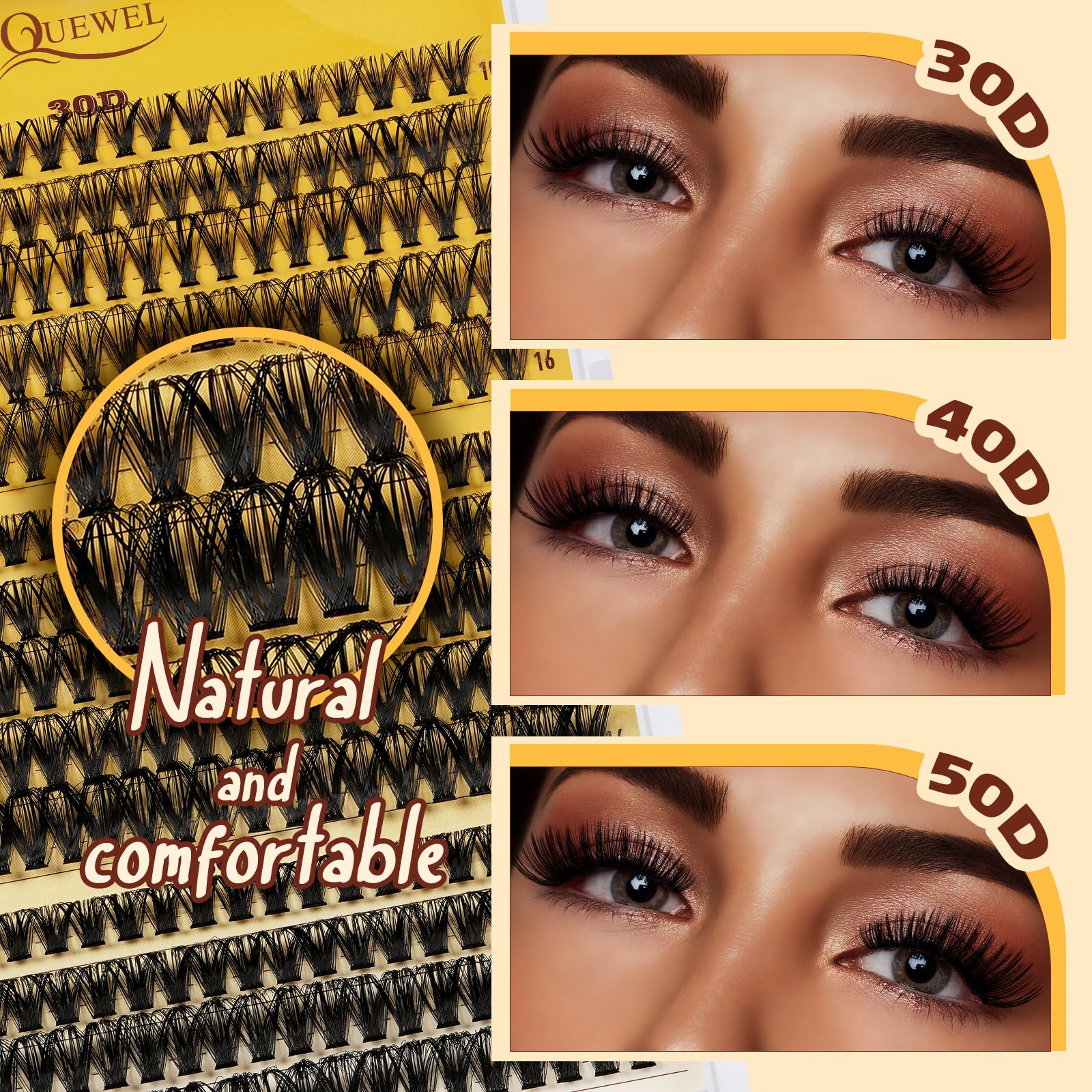 QUEWEL Lash-Clusters-Kit – 30/40/50D DIY Lash Clusters 10-16mm with Bond & Seal, Waterproof, Tweezers