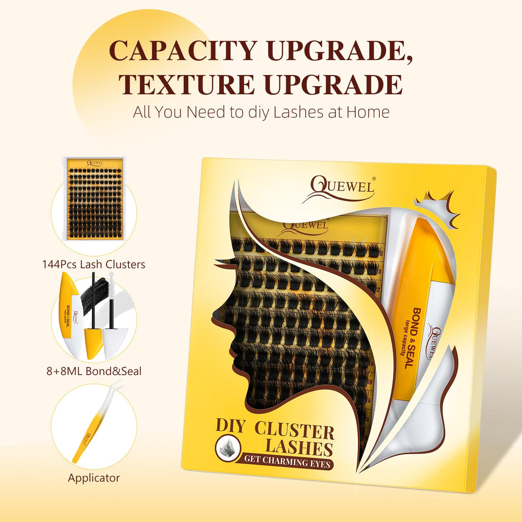 QUEWEL DIY Lash Extension Kit - 144 Pcs Clusters, 10-18mm, Bond & Seal, Beginner-Friendly at Home