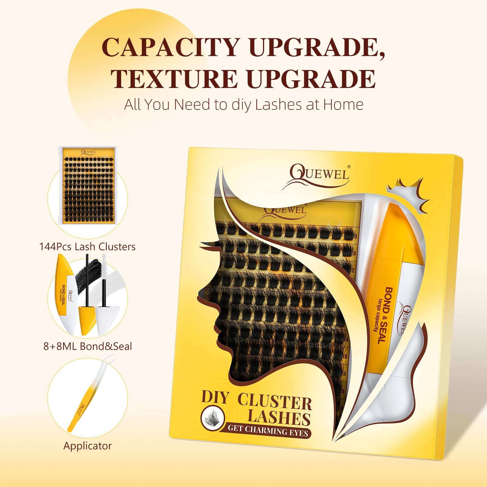 QUEWEL DIY Lash Extension Kit - 144 Pcs Clusters, 10-18mm, Bond & Seal, Beginner-Friendly at Home