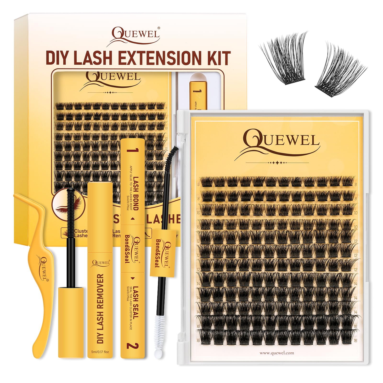 QUEWEL DIY Lash Extension Kit – 144 Lashes, Bond & Seal, Waterproof, At-Home Lash Kit
