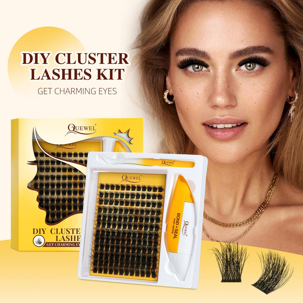 QUEWEL DIY Lash Extension Kit - 144 Pcs Clusters, 10-18mm, Bond & Seal, Beginner-Friendly at Home