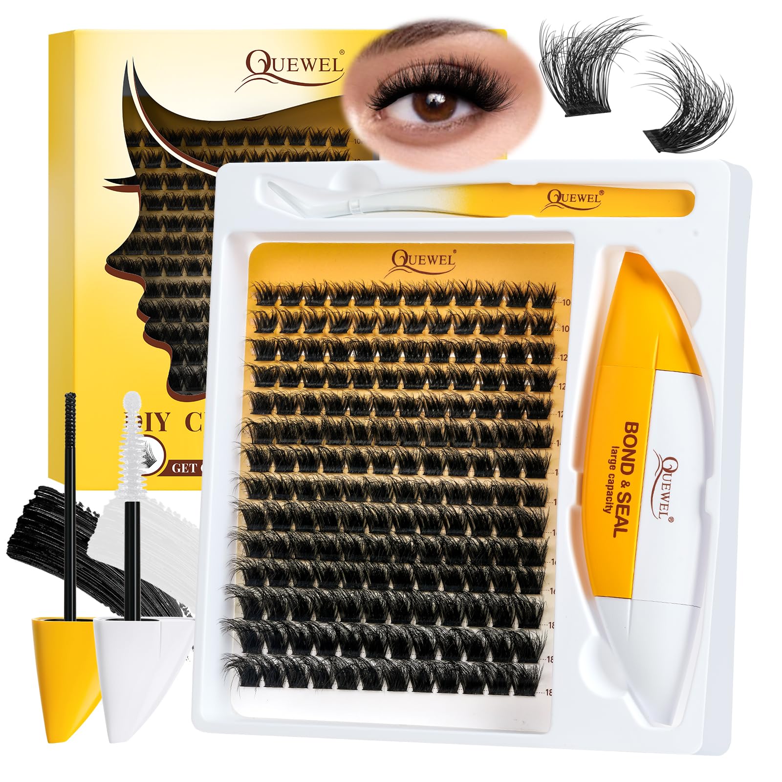 QUEWEL Lash Clusters Kit | 168 Pcs + 16ml Bond & Seal | DIY Lash Extensions at Home