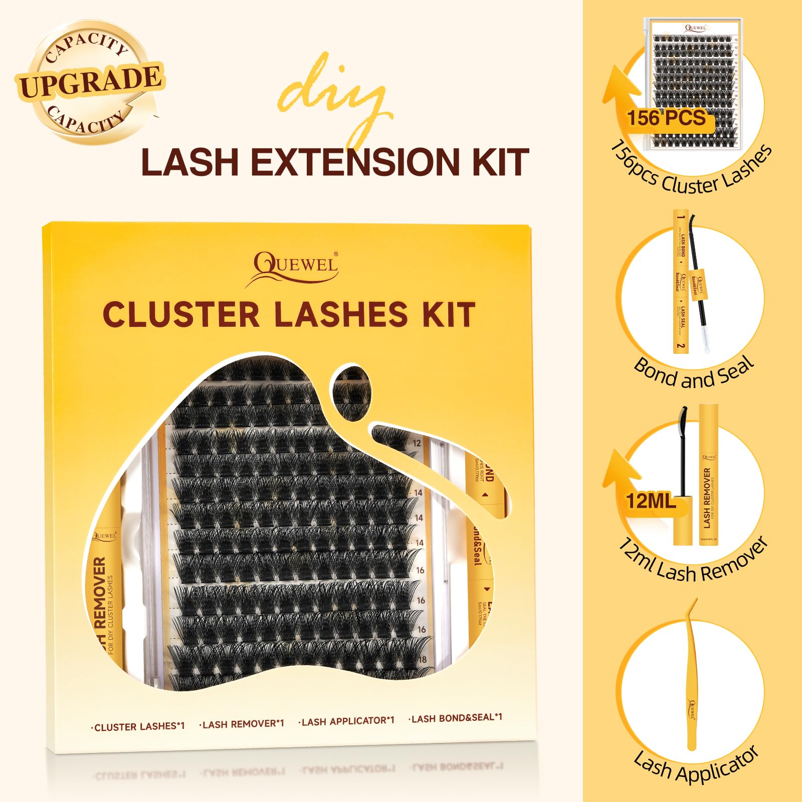 QUEWEL Lash Clusters Kit – DIY 156-Piece Lash Extensions Set (10–18mm) with Bond & Seal, Remover & Tools