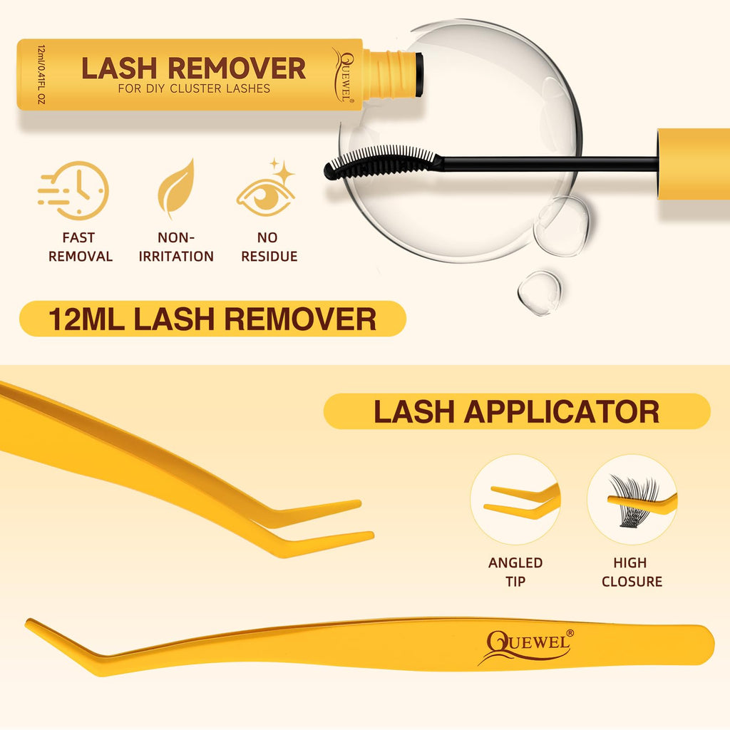 QUEWEL Lash Clusters Kit – DIY 156-Piece Lash Extensions Set (10–18mm) with Bond & Seal, Remover & Tools