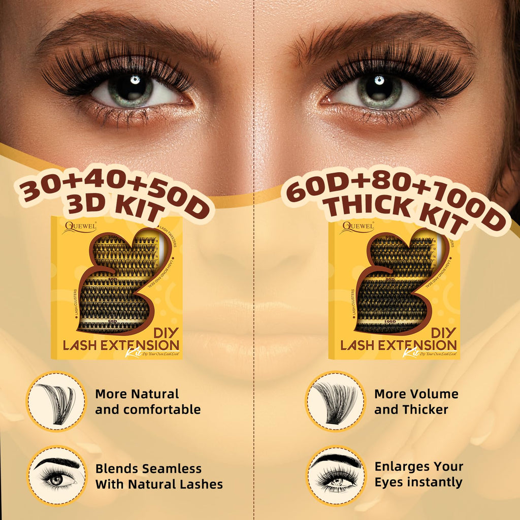 QUEWEL Lash-Clusters-Kit – 30/40/50D DIY Lash Clusters 10-16mm with Bond & Seal, Waterproof, Tweezers