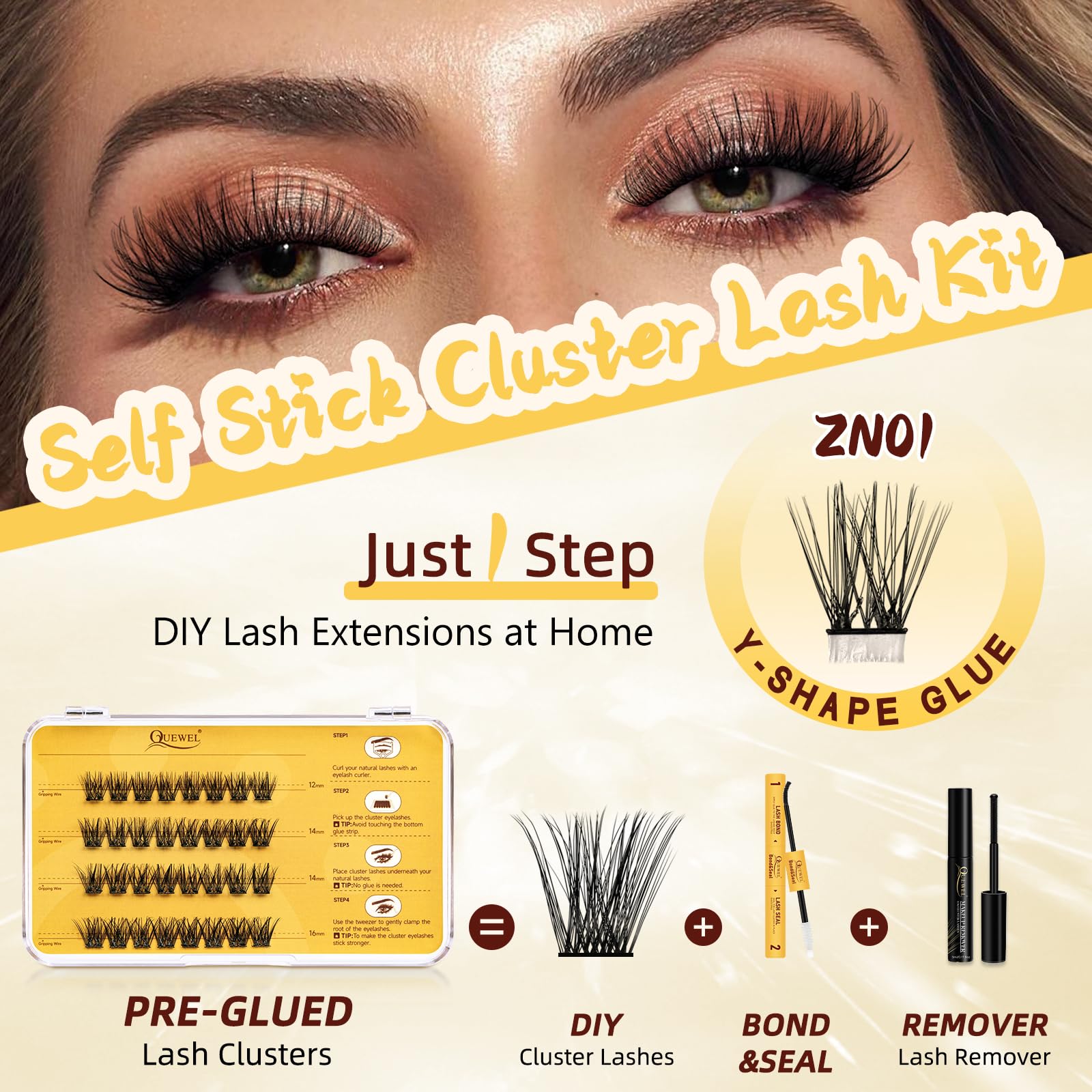 QUEWEL Self-Adhesive Eyelashes Kit ZN-01 – No Glue Needed, Press-On Lashes for Beginners