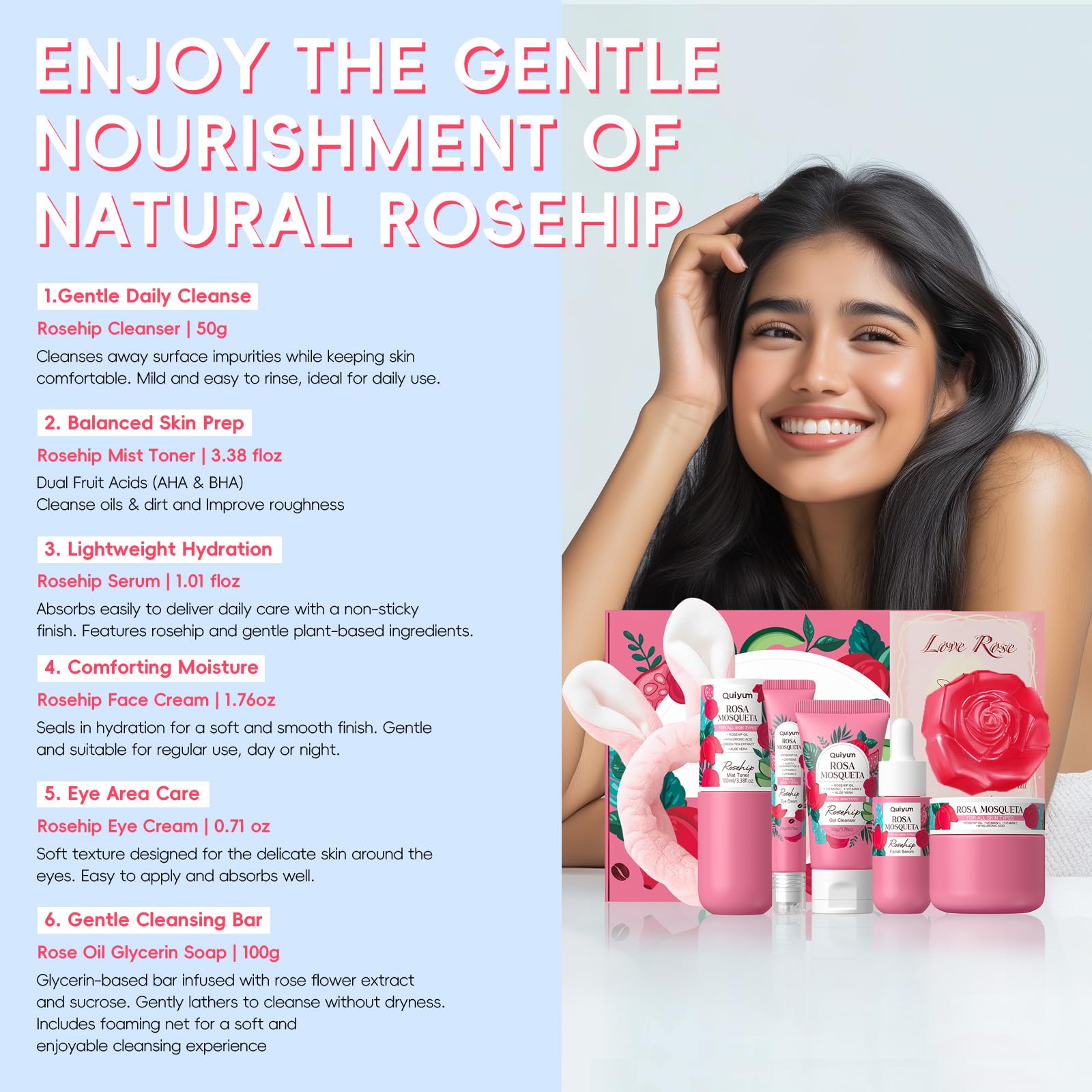 QUIYUM Rosehip Skin Care Sets – 6-Piece Moisturizing Kit for Elasticity, Texture, and Even Tone