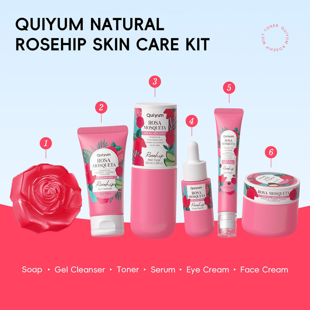 QUIYUM Rosehip Skin Care Sets – 6-Piece Moisturizing Kit for Elasticity, Texture, and Even Tone