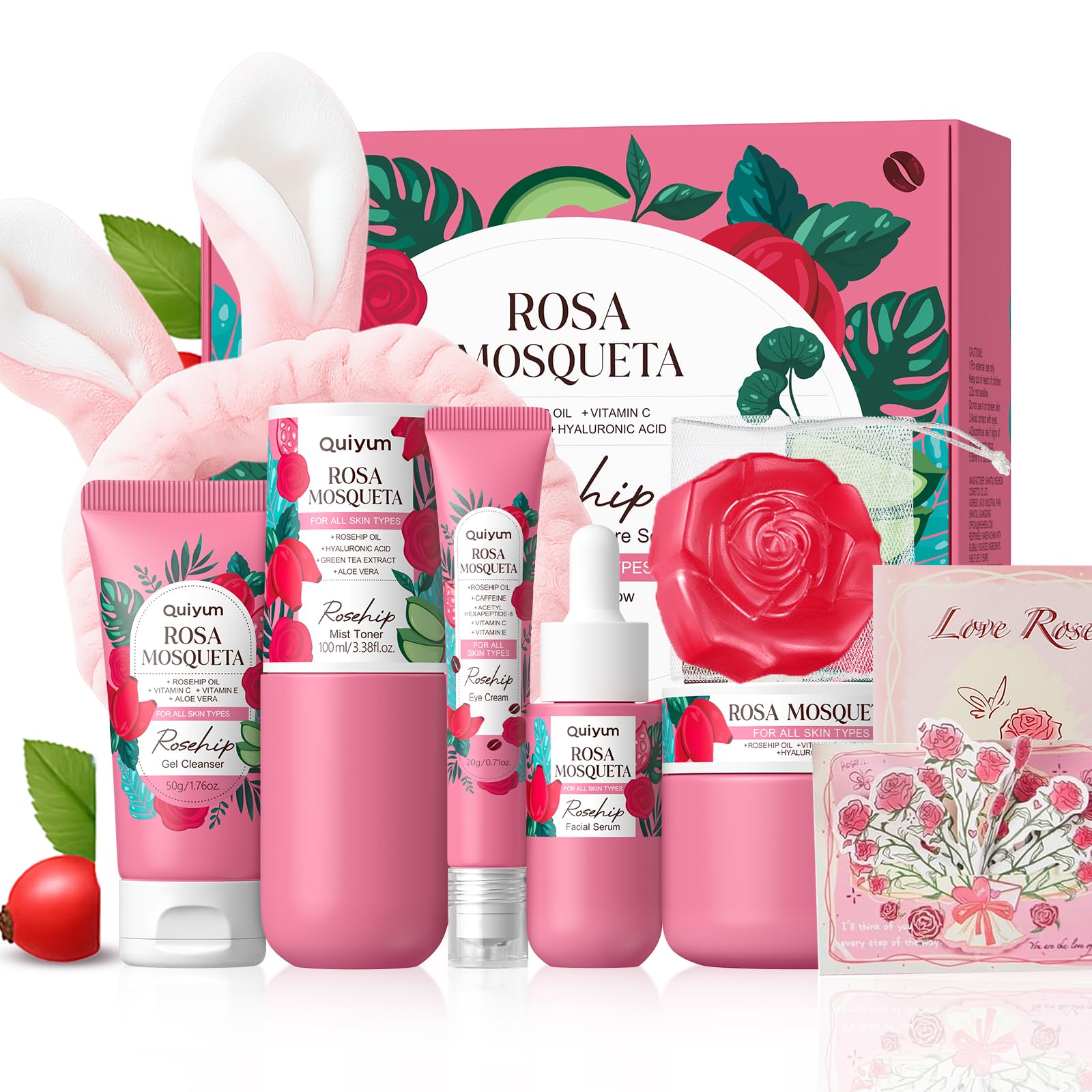 QUIYUM Rosehip Skin Care Sets – 6-Piece Moisturizing Kit for Elasticity, Texture, and Even Tone
