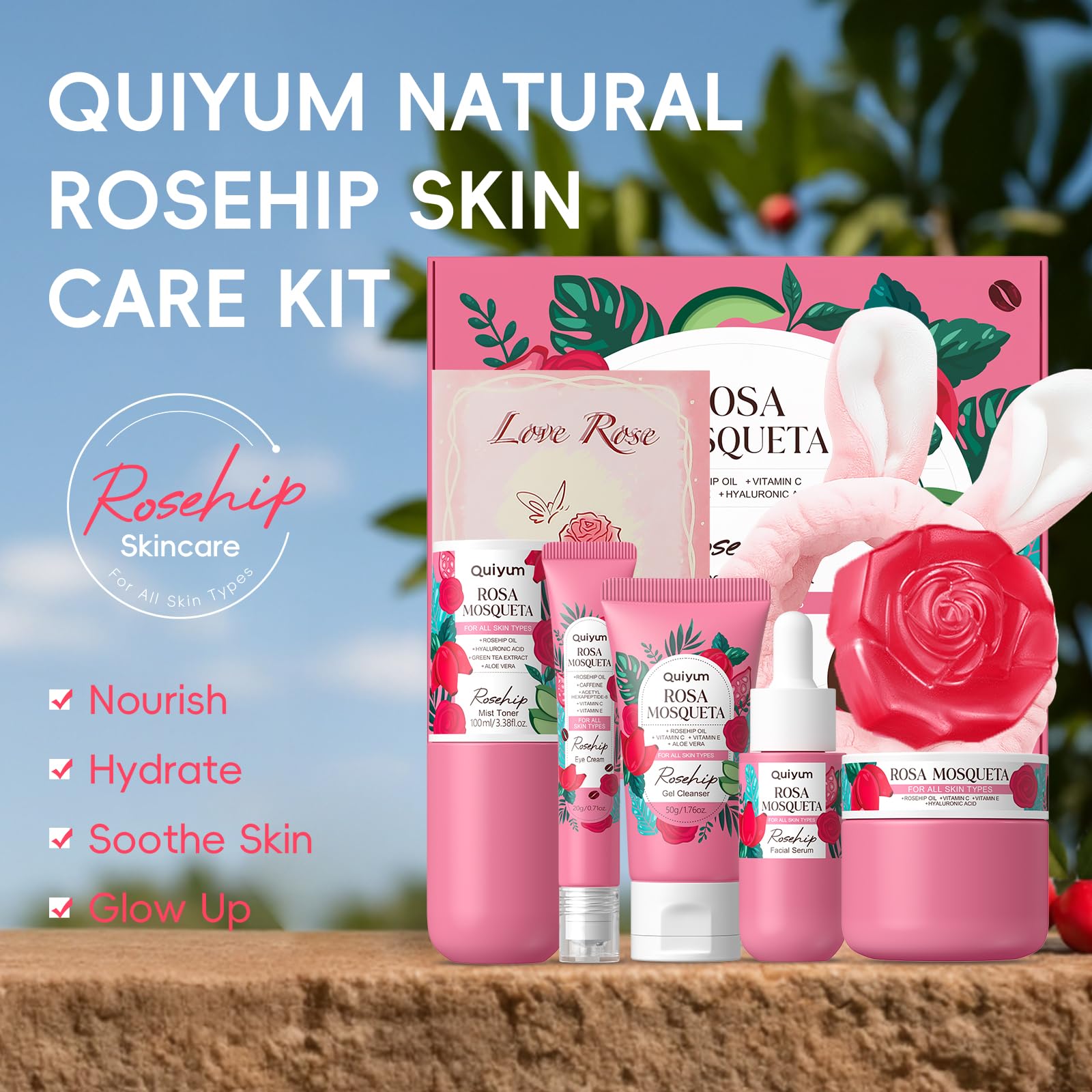 QUIYUM Rosehip Skin Care Sets – 6-Piece Moisturizing Kit for Elasticity, Texture, and Even Tone