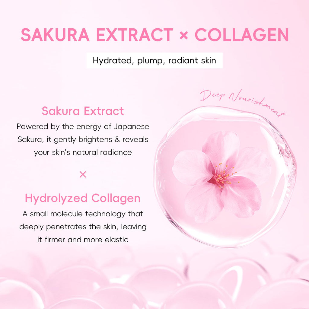 QUIYUM Sakura Collagen Skin Care Set – 5pc Cleanser, Serum, Cream, Pink Brush & Accessories