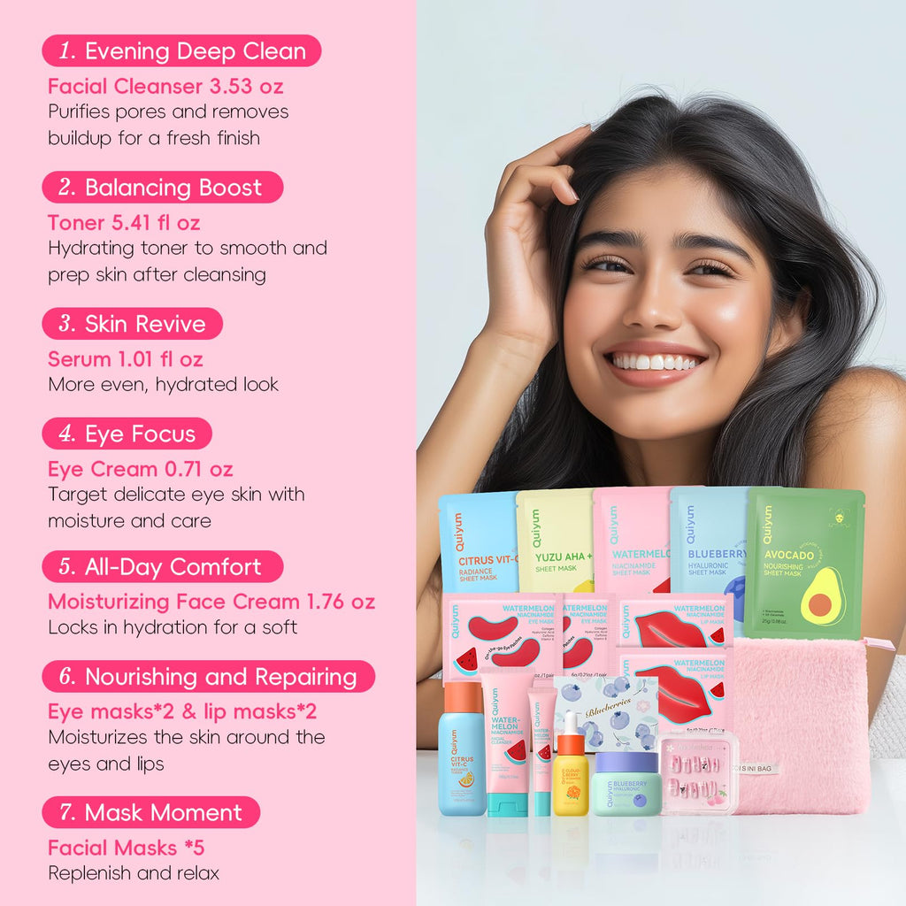 QUIYUM Fruit Skincare Set — Pink Plush Bag & Strawberry Nail Art | Hydrating Glow & Oil Control