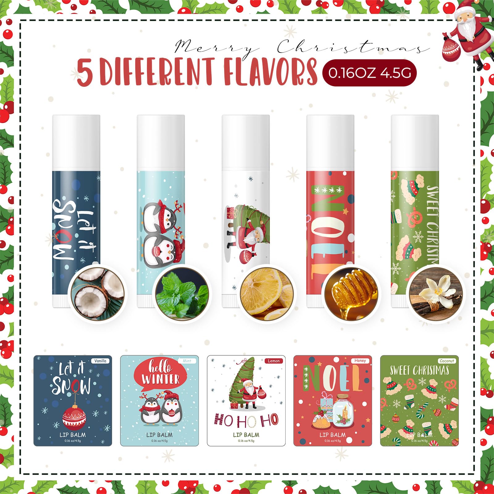 Qunclay 75-Piece Christmas Lip Balms Bulk — Honey, Mint, Lemon, Coconut & Vanilla