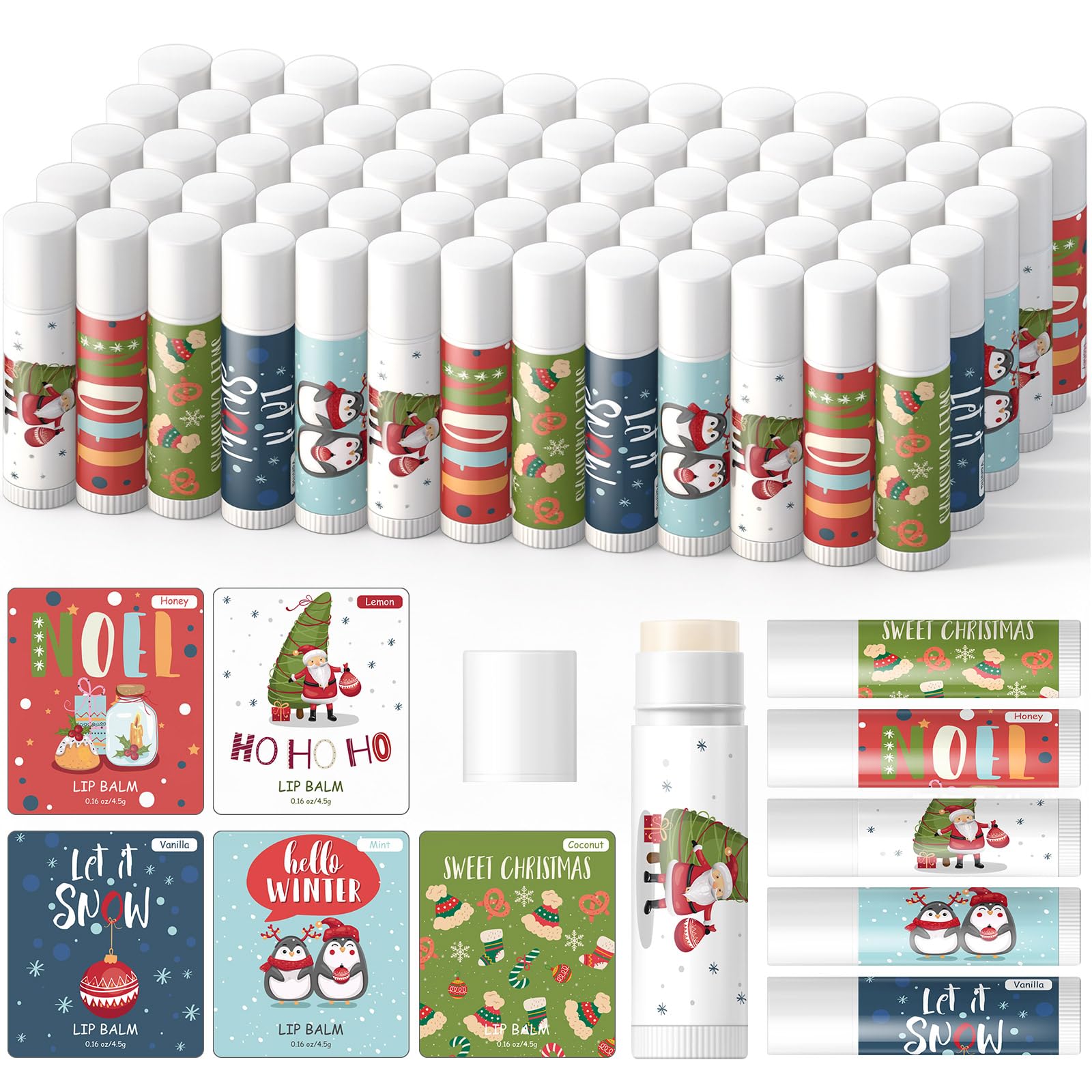 Qunclay 75-Piece Christmas Lip Balms Bulk — Honey, Mint, Lemon, Coconut & Vanilla